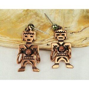 Vintage Copper Hopi Kachina Hoop Dancer Goldstone Pierced Earrings